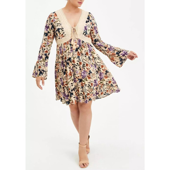 torrid Dresses & Skirts - Torrid Mini Gauze Lace-Up Skater Dress Bell Sleeve Floral Plus Size 3 3X Boho